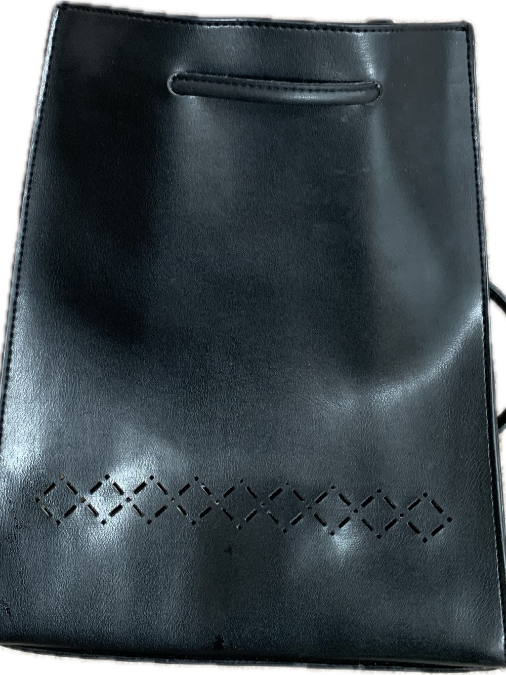 Black Leatherette Drawstring laser cut vegan pleather back pack | MONDANI NY